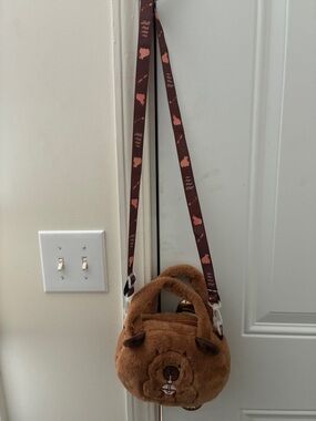 Plush Capybara Crossbody Bag with Patterned Strap